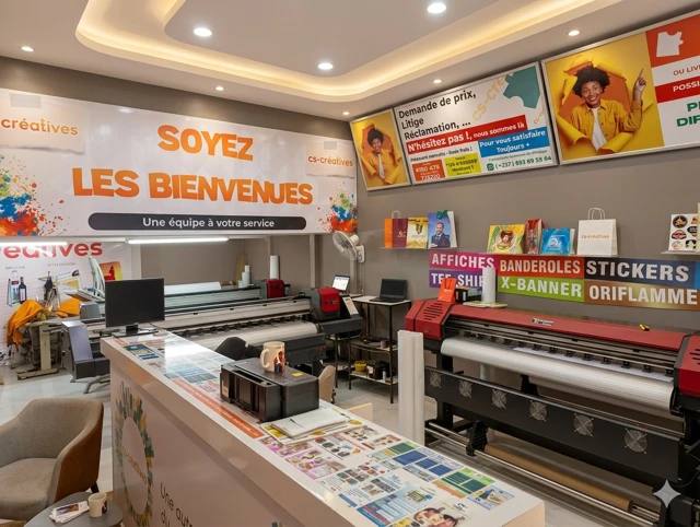 Atelier CS-Créatives à Mvog-Ada : imprimantes grand format et espace d'accueil